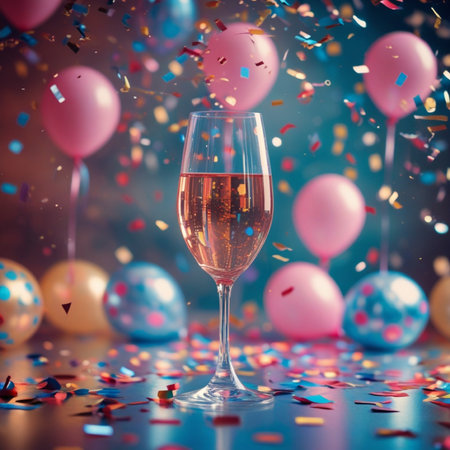 Glasses of champagne with confetti and balloons on a blue backgroundの写真素材