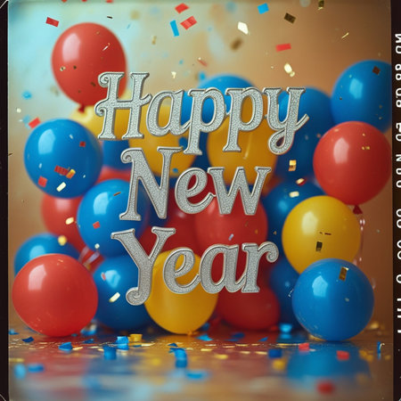 Happy New Year greeting card with colorful balloons and confetti on a wooden table.