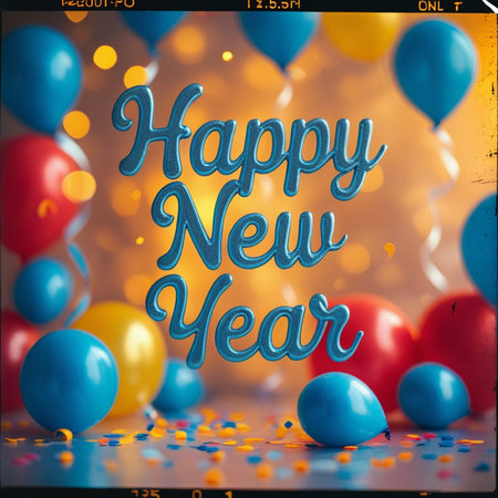 Happy New Year greeting card with blue balloons and confetti on bokeh backgroundの写真素材