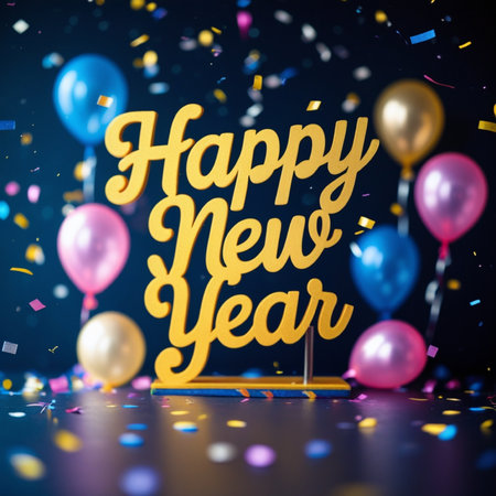 Happy New Year greeting card with golden lettering, confetti and balloons. 3D Renderingの写真素材