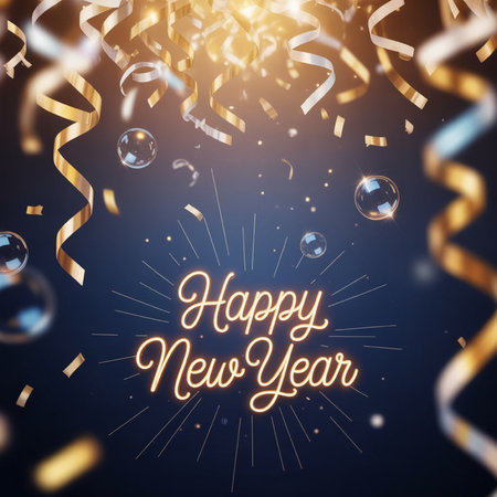 Happy New Year greeting card with golden confetti and serpentine. Vector illustration.の写真素材