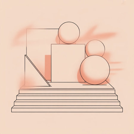 Abstract geometric background with stairs and spheres. Minimalistic design.の写真素材