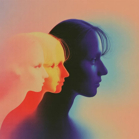 Two silhouettes of a woman and a man in profile, double exposure