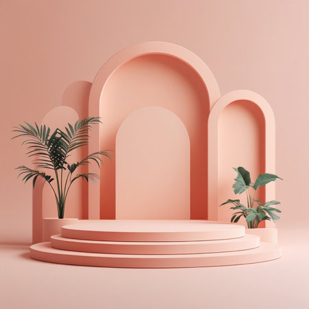 Abstract minimal scene with geometrical forms, podium and palm trees. 3d renderの写真素材