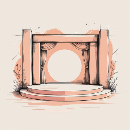 Round stage with curtains. Vector hand drawn illustration in vintage style.の写真素材
