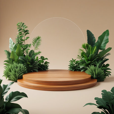 Wooden podium with tropical plants and round frame. 3d renderingの写真素材