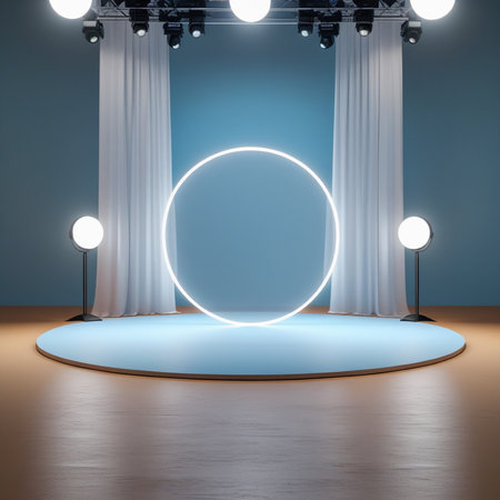 Podium in blue room with spotlights, 3d render illustrationの写真素材