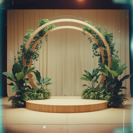Round wooden podium with green plant decoration, stock photoの写真素材