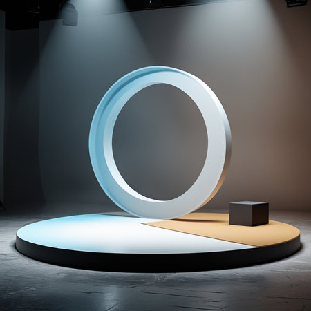 3d render, abstract background, round podium, stand for exhibitの写真素材