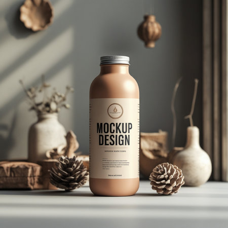 Mockup of brown cosmetic bottle on white table, 3d renderingの写真素材