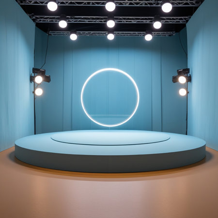 3d rendering of empty stage and spotlights in the dark roomの写真素材