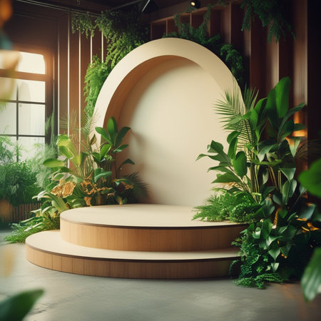 3d rendering round podium for product presentation with green plants in cozy roomの写真素材