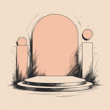 Round stage with arch and grass. Vector illustration in sketch style.の写真素材