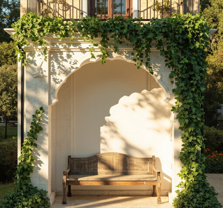 Wooden bench in the garden with a beautiful arch covered with ivyの写真素材