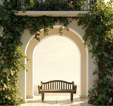 Bench under the arch in the garden. 3D render. Backgroundの写真素材