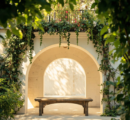 Stone bench in the garden with ivy on the walls and archの写真素材