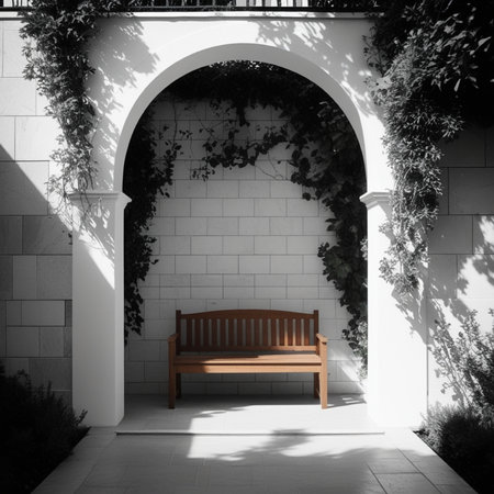 Bench in the shade of the arch in the garden. 3d renderingの写真素材