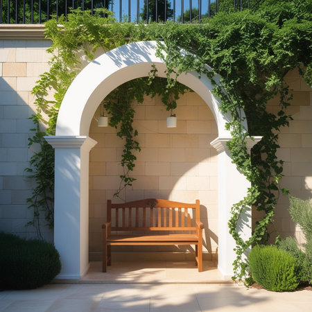 Wooden bench in the garden with arch and ivy on the wallの写真素材
