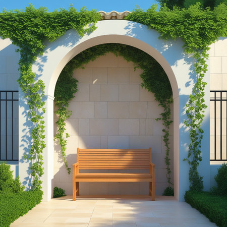 Wooden bench in the garden. 3d render. Illustration.の写真素材