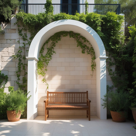 Wooden bench in the garden with ivy on the wall.の写真素材