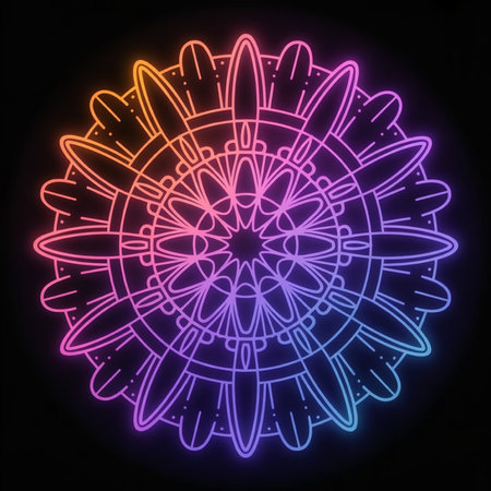 Neon mandala on a black background. Vector illustration in neon style.の写真素材