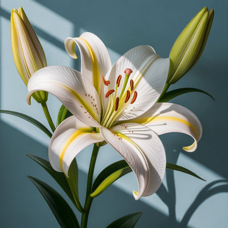 Beautiful white lily on a blue background. Close-up.の写真素材