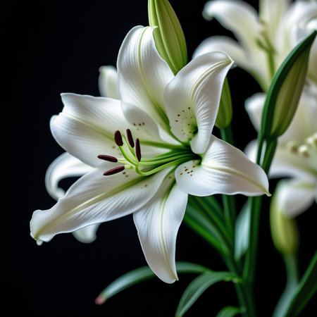 Beautiful white lily flowers on black background. Studio shot.の写真素材