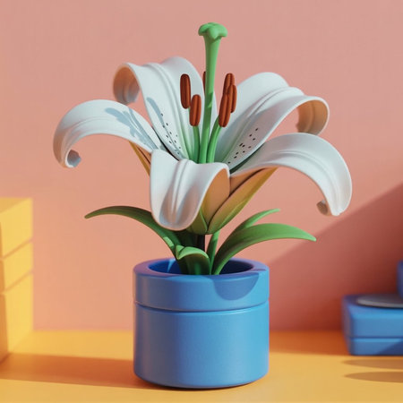 White lily flower in blue vase on pastel background.