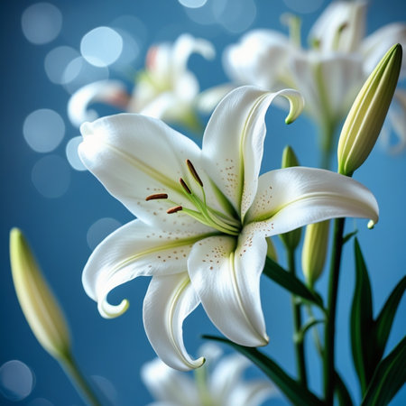 Beautiful white lily flowers on blue background, close-upの写真素材