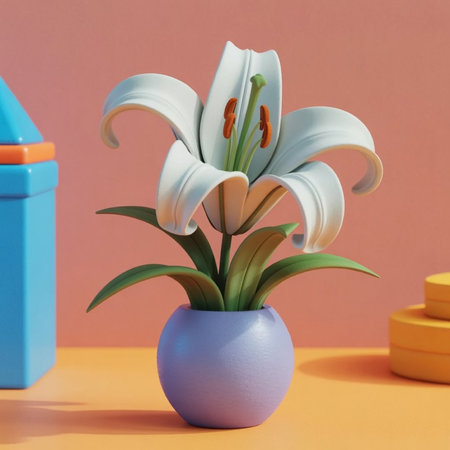 White lily in blue vase on orange background. Minimal concept.の写真素材