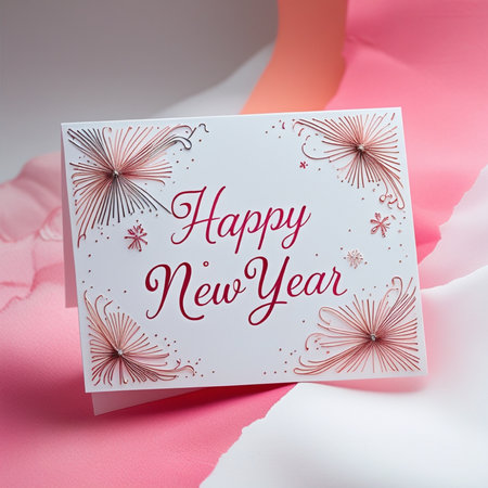 Happy New Year Greeting Card on Pink and White Paper Backgroundの写真素材