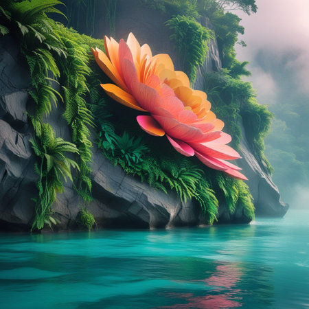 Beautiful fantasy landscape with a lotus flower floating on the water