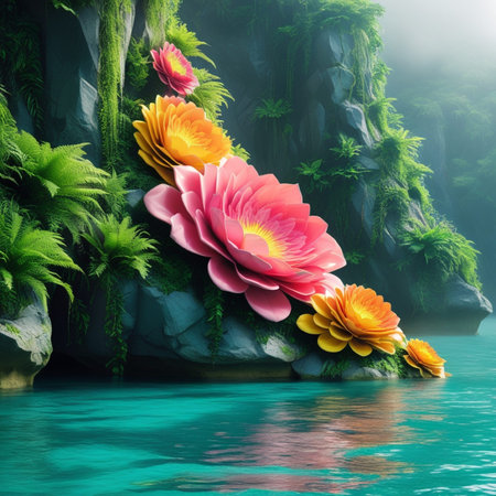 Fantasy landscape with flowers in the water. 3D illustration.