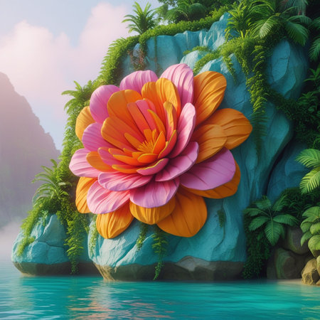 Fantasy landscape with a beautiful flower in the water. 3d render