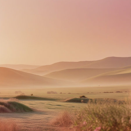 Foggy morning in the steppe. Landscape with mountains.