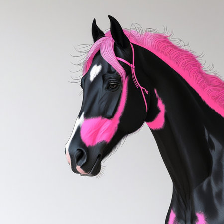 Portrait of a beautiful black horse with pink hair on a gray backgroundの写真素材