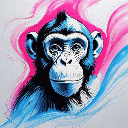 Monkey head with colorful paint splashes on white background. Vector illustration.