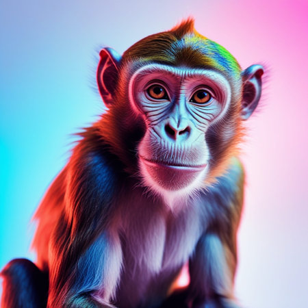 Portrait of a cute little monkey in neon light. Studio shot.の写真素材