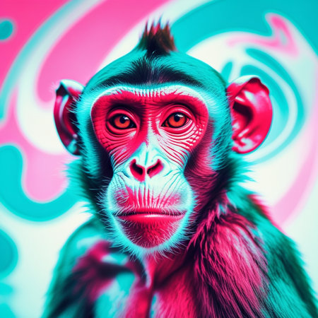 Portrait of a red monkey on a multicolored background.の写真素材