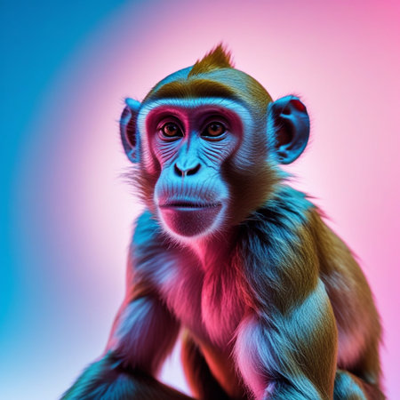 Portrait of a macaque on a colorful background. Studio shot.