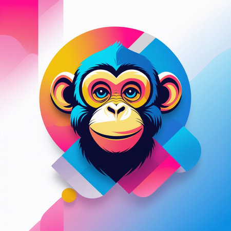Vector illustration of monkey head on colorful background with geometric elements and place for...