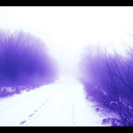 Winter landscape with road and trees in foggy day. Abstract nature background.の写真素材