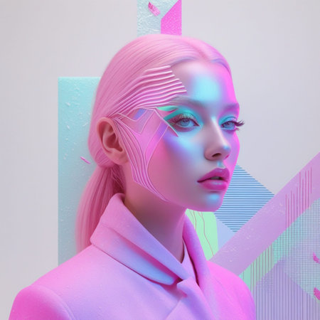 Fashion art portrait of a beautiful girl with pink hair and blue make-upの写真素材