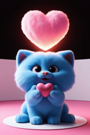 Cute blue cat with pink heart on black background. 3d rendering
