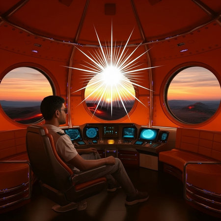 Pilot sitting in the cabin of a spaceship and looking at the sunset