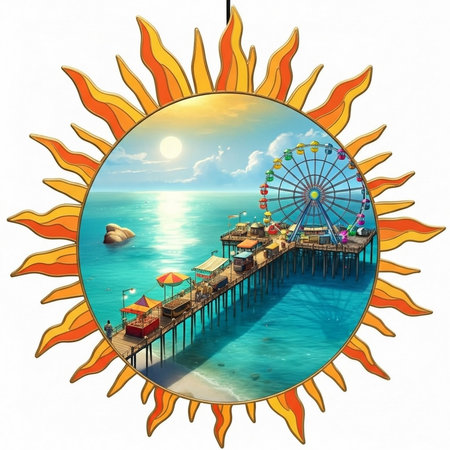 Illustration of the sun and the pier on the background of the sea