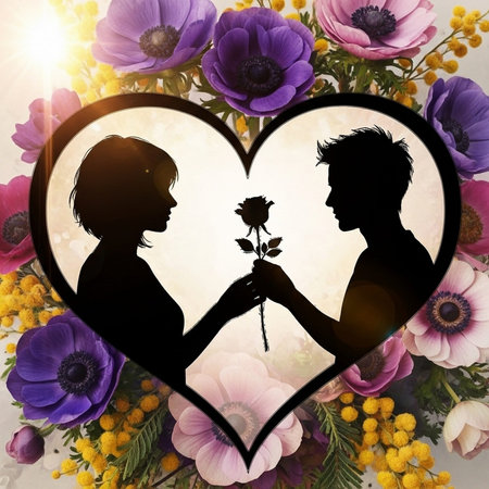 silhouette of a loving couple in a heart-shaped frameの写真素材