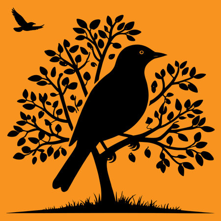 Black silhouette of a bird sitting on a tree. Vector illustration.のイラスト素材