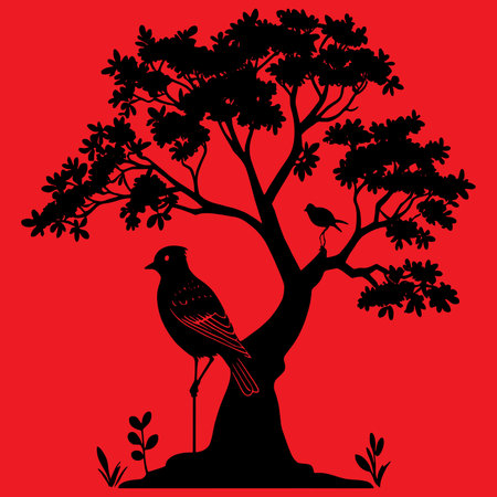 Silhouette of a tree with a bird on a red backgroundのイラスト素材