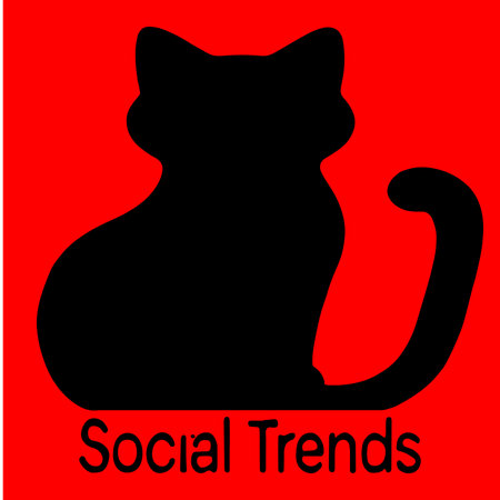 Black silhouette of a cat on a red background with the inscription social trendsのイラスト素材